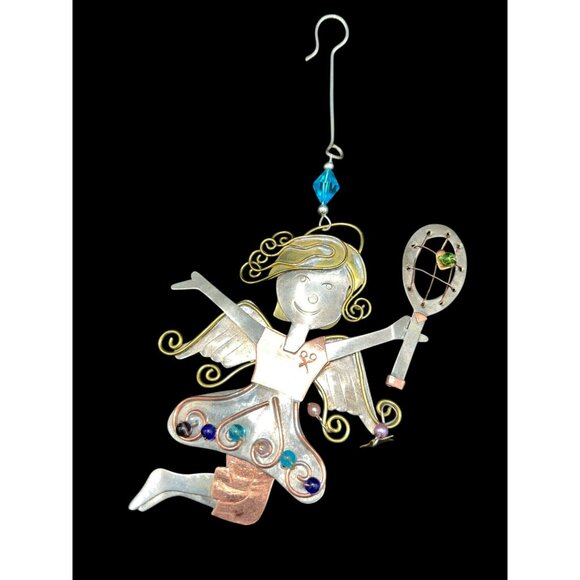 Tennis Girl Ornament Mixed Metals Legs Move Gemstones Silver Copper Brass 7 x 3. - Picture 2 of 6